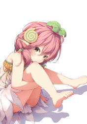 Rule 34 | 1girl, absurdres, anno (yukikaze 08), bare shoulders, barefoot, brown eyes, dress, feet, granblue fantasy, hair ornament, highres, hugging own legs, knees to chest, knees together feet apart, knees up, leaf, leaf hair ornament, leaf on head, legs, looking at viewer, pink hair, pointy ears, short dress, short hair, sitting, smile, soles, solo, strapless, strapless dress, thighs, toes, twintails, white dress, yggdrasil (granblue fantasy)