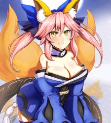 Rule 34 | 1girl, animal ear fluff, animal ears, bare shoulders, blue kimono, blue ribbon, breasts, cleavage, collarbone, commentary, commentary request, detached sleeves, fate/extra, fate/extra ccc, fate/grand order, fate (series), fox ears, fox girl, fox tail, hair ribbon, japanese clothes, kimono, large breasts, light smile, looking at viewer, multiple tails, pink hair, ribbon, solo, tail, tamamo (fate), tamamo no mae (fate/extra), yellow eyes, yoroi kabuto