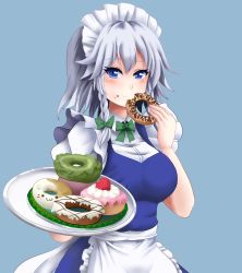 Rule 34 | 1girl, :t, apron, blue background, blue dress, blue eyes, blush, bow, bowtie, braid, breasts, commentary request, doughnut, dress, food, frilled apron, frills, fruit, green bow, green bowtie, hair bow, hand up, holding, holding food, holding tray, izayoi sakuya, kyomu (zerokyomu), large breasts, looking at viewer, maid, maid apron, maid headdress, partial commentary, puffy short sleeves, puffy sleeves, shirt, short hair, short sleeves, silver hair, simple background, solo, strawberry, touhou, tray, upper body, waist apron, white apron, white shirt