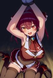 Rule 34 | 1girl, :d, absurdres, akabino, armpits, arms up, ascot, belt, bound, bound wrists, breasts, brown belt, brown thighhighs, fang, gloves, heart, heart-shaped pupils, heterochromia, highres, hololive, houshou marine, houshou marine (1st costume), large breasts, miniskirt, open mouth, red ascot, red eyes, red hair, red skirt, revision, sitting, skirt, smile, solo, sweat, symbol-shaped pupils, thighhighs, thighs, twintails, virtual youtuber, wariza, white gloves, yellow eyes, zettai ryouiki