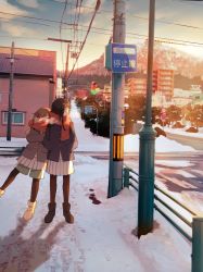 Rule 34 | 2girls, black eyes, black footwear, black hair, boots, breath, brown hair, building, closed eyes, commentary request, green shorts, hands in pockets, highres, lamppost, long hair, long sleeves, multiple girls, original, outdoors, power lines, red scarf, road, road sign, scarf, scenery, school uniform, shorts, sign, skirt, snow, sonotaoo, speed limit sign, standing, street, utility pole, white footwear, white skirt, winter