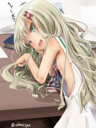 Rule 34 | +++, 1girl, :d, akino shuu, bare arms, bare shoulders, book, bow, breasts, commentary request, desk, dress, grecale (kancolle), green eyes, hair between eyes, hair bow, hands up, kantai collection, light brown hair, long hair, open mouth, red bow, sailor collar, sailor dress, sleeveless, sleeveless dress, small breasts, smile, solo, striped neckwear, translation request, twitter username, untied, white dress, white sailor collar