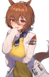 Rule 34 | 1girl, :d, agnes tachyon (umamusume), ahoge, animal ears, arm under breasts, blue necktie, blush, bow, breasts, brown hair, commentary, ear tag, eyes visible through hair, hair bow, hand up, highres, horse ears, horse girl, horse tail, lab coat, large breasts, long sleeves, medium hair, necktie, open mouth, red eyes, sleeves past fingers, sleeves past wrists, smile, solo, sweater, tail, teeth, test tube, umamusume, upper body, upper teeth only, warayanuko, white background, yellow sweater