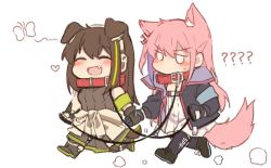Rule 34 | 2girls, animal ears, armband, black gloves, blush, brown gloves, brown hair, chibi, clothes around waist, collar, dog ears, dog tail, closed eyes, fang, girls&#039; frontline, gloves, green hair, holding hands, jacket, leash, long hair, m4a1 (girls&#039; frontline), multiple girls, open mouth, pink hair, shoes, simple background, st ar-15 (girls&#039; frontline), tail, walking, white background, yuutama2804