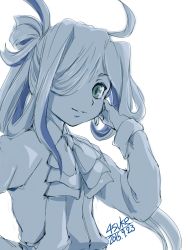 Rule 34 | 10s, 1girl, 2015, 4suke, ahoge, aqua eyes, arm behind head, artist name, asashimo (kancolle), blue theme, dated, hair over one eye, kantai collection, long hair, long sleeves, monochrome, school uniform, simple background, solo, spot color, upper body, white background