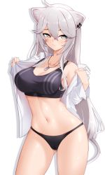 Rule 34 | 1girl, absurdres, ahoge, animal ears, black panties, black sports bra, breasts, cat ears, cat tail, cleavage, collarbone, cowboy shot, dog tags, grey hair, hair between eyes, highres, hololive, large breasts, long hair, looking at viewer, panties, shirt, shishiro botan, shishiro botan (button-down), simple background, solo, sports bra, tail, thighs, underwear, undressing, virtual youtuber, white background, white shirt, z.taiga