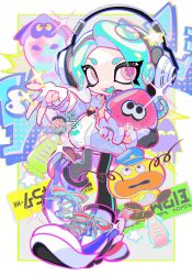 Rule 34 | 1girl, black leggings, blue hair, fangs, fingerless gloves, gloves, headphones, highres, holding, holding stuffed toy, jacket, leggings, long hair, nintendo, octoling, octoling girl, octoling player character, open mouth, pink eyes, shoes, solo, splatoon (series), splatoon 3, standing, standing on one leg, stuffed squid, stuffed toy, suction cups, tentacle hair, v, white footwear, white gloves, white jacket, xiaoyunatie, zapfish
