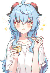 Rule 34 | 1girl, absurdres, ahoge, alternate costume, blue hair, breasts, cup, food, ganyu (genshin impact), genshin impact, harupipipi4, highres, holding, holding cup, holding spoon, horns, long hair, looking at viewer, open mouth, pudding, red eyes, shirt, small breasts, solo, spoon, t-shirt, white background, white shirt