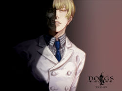 Rule 34 | 1boy, bifanghuanshi, blonde hair, copyright name, dated, dogs: bullets &amp; carnage, double-breasted, dual persona, formal, giovanni (dogs), highres, logo, male focus, necktie, skull, solo, suit, yellow eyes