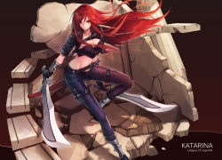 Rule 34 | 1girl, arms at sides, belt, black gloves, black jacket, boots, breasts, character name, cleavage, closed mouth, copyright name, crop top, curry bowl, debris, dual wielding, floating hair, from above, gloves, groin, hair between eyes, holding, holding sword, holding weapon, holster, jacket, katarina (league of legends), knife belt, kunai, large breasts, league of legends, long hair, looking at viewer, midriff, navel, pants, red hair, scabbard, scar, scar across eye, scar on face, sheath, solo, spikes, standing, stomach, sword, thigh holster, thigh strap, unsheathed, very long hair, weapon