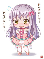 Rule 34 | 1girl, alternate costume, arm ribbon, artist name, bang dream!, bare shoulders, blush, bow, chibi, choker, collarbone, commentary request, cosplay, costume switch, dress, embarrassed, flying sweatdrops, frilled dress, frills, full body, hair bow, highres, holding, holding clothes, holding dress, idol clothes, light purple hair, lilium443, long hair, looking down, maruyama aya, maruyama aya (cosplay), minato yukina, nose blush, open mouth, pink choker, pink footwear, pink ribbon, ribbon, shadow, shoes, simple background, solo, thighhighs, translation request, white background, white thighhighs, wrist bow, yellow eyes, zettai ryouiki
