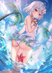 Rule 34 | 1girl, absurdres, alternate costume, antenna hair, ass, bad id, bad pixiv id, bare shoulders, blush, breasts, day, flower, frilled swimsuit, frills, from behind, hair between eyes, hair flower, hair ornament, highres, huge filesize, kokkoro (princess connect!), kokkoro (summer) (princess connect!), looking at viewer, looking back, outdoors, pink eyes, pointy ears, princess connect!, shanguier, short hair, silver hair, small breasts, smile, solo, starfish, swimsuit, thighs, wading, wet, white flower