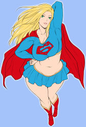 Rule 34 | 1girl, animification, arm up, armpits, blonde hair, blue background, boots, breasts, cape, cleavage, curvy, dc comics, female focus, full body, green eyes, hand on own hip, kryptonian, large breasts, long hair, looking at viewer, midriff, navel, red footwear, shouji nigou, simple background, smile, solo, supergirl, superman (series), thighhighs