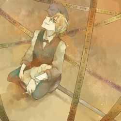 Rule 34 | 1boy, bad id, bad pixiv id, blonde hair, blue eyes, bow, bowtie, butler, cat, caution tape, cigarette, dog, durarara!!, glasses, heiwajima shizuo, keep out, looking up, male focus, mizutame tori, sitting, smile, solo