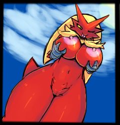 Rule 34 | 1girl, absurdres, black border, black eyes, blaziken, blonde hair, blue background, blue sky, boiful, border, breast hold, breasts, cleft of venus, cloud, colored sclera, creatures (company), day, dutch angle, female focus, furry, furry female, game freak, gen 3 pokemon, hands up, highres, large breasts, long hair, nintendo, nipples, nude, one eye closed, outdoors, pokemon, pokemon (creature), pussy, shiny skin, sky, smile, solo, standing, sun, tail, thick thighs, thighs, tongue, tongue out, uncensored, wink, yellow sclera