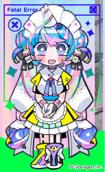 Rule 34 | + +, 1girl, apron, asymmetrical footwear, black bow, black footwear, black gloves, blue hair, blue nails, blue necktie, blue sash, blunt bangs, blush stickers, bow, check copyright, collared vest, commentary request, copyright notice, copyright request, double bun, dress, eyelashes, fingerless gloves, frilled apron, frilled dress, frills, full body, gloves, hair bow, hair bun, hair ornament, hands on lap, horns, interlocked fingers, long hair, maid, maid headdress, mismatched footwear, multicolored background, multicolored hair, nail polish, necktie, open mouth, original, own hands together, pink hair, pink wrist cuffs, pleated skirt, puffy short sleeves, puffy sleeves, purple eyes, sash, shoes, short dress, short sleeves, simple background, single fingerless glove, single horn, skirt, smile, sneakers, solo, sparkle, sparkling eyes, spoken x, sprinkles, star (symbol), star hair ornament, streaked hair, striped horns, striped necktie, terada tera, twintails, very long hair, vest, waist apron, waist sash, white apron, white headdress, white horns, white vest, window (computing), wrist cuffs, yellow dress, yellow footwear, yellow sleeves