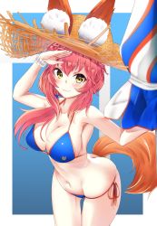 Rule 34 | 1girl, :3, animal ear fluff, animal ears, arm up, bikini, blue bikini, blurry, blurry foreground, blush, breasts, butt crack, cleavage, closed mouth, collarbone, commentary request, cowboy shot, depth of field, ears through headwear, fate/grand order, fate (series), fox ears, fox girl, fox tail, groin, hair between eyes, hat, highres, holding, holding umbrella, large breasts, leaning forward, long hair, navel, parasol, pink hair, scrunchie, side-tie bikini bottom, siroimo0828, smile, solo, straw hat, swimsuit, tail, tamamo (fate), tamamo no mae (fate/extra), tamamo no mae (swimsuit lancer) (fate), umbrella, white scrunchie, wrist scrunchie, yellow eyes