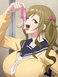 Rule 34 | 1girl, breasts, brown hair, condom, cum, cum in mouth, drinking from condom, fang, gokkun, green eyes, hair bobbles, hair ornament, highres, holding, holding condom, inuyama aoi, large breasts, long hair, long sleeves, looking at viewer, school uniform, side ponytail, skin fang, solo, tedain, thick eyebrows, tongue, tongue out, used condom, yurucamp