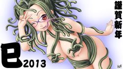 Rule 34 | 10s, 1girl, 2013, ;p, bent over, blush, breasts, censored, chinese zodiac, cleavage, collarbone, convenient censoring, forked tongue, glasses, snake hair, hair over breasts, highres, large breasts, long hair, navel, new year, nude, one eye closed, original, purple-framed eyewear, red eyes, scales, signature, skindentation, slit pupils, snake (chinese zodiac), snake hair, solo, tongue, tongue out, v, wink, yama-michi