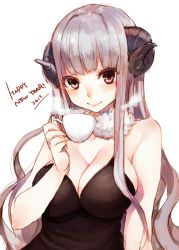 Rule 34 | 10s, 1girl, 2015, bad id, bad pixiv id, bare shoulders, breasts, brown eyes, cleavage, cup, dress, happy new year, horns, large breasts, new year, original, sheep girl, silver hair, smile, solo, teacup, teroru