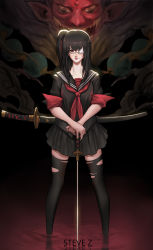 Rule 34 | 1girl, absurdres, ascot, black hair, black nails, black serafuku, black shirt, black skirt, black thighhighs, blood, blush, closed mouth, collarbone, eyepatch, fingernails, full body, gloves, hands on hilt, highres, katana, legs apart, looking away, looking to the side, miniskirt, monster, nail polish, nose, oni, original, planted, planted sword, planted weapon, red eyes, sailor collar, school uniform, sea of blood, serafuku, sheath, sheathed, shirt, short sleeves, side ponytail, skirt, sleeves rolled up, smile, solo, standing, steve zheng, sword, thighhighs, torn clothes, torn thighhighs, wading, weapon, weapon on back, zettai ryouiki