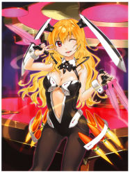 Rule 34 | 1girl, ;d, absurdres, animal ears, belt, black pantyhose, blonde hair, bow, bowtie, breasts, center opening, cleavage, dagger, fake animal ears, happy, headgear, highres, hip focus, holster, indoors, kaku-san-sei million arthur, knife, kurogin, lamp, legs, leotard, long hair, looking at viewer, million arthur (series), navel, one eye closed, open mouth, pantyhose, parted lips, playboy bunny, rabbit ears, red eyes, robot ears, smile, solo, standing, table, teeth, thighs, v, weapon, wink, wrist cuffs