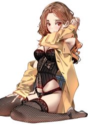 Rule 34 | 1girl, absurdres, bed, breasts, brown eyes, brown hair, cleavage, coat, highres, lingerie, long hair, medium breasts, non-web source, original, solo, sydus, thighhighs, thighs, trench coat, underwear