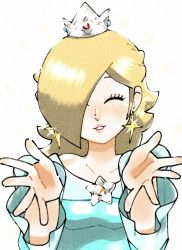 Rule 34 | 1girl, blonde hair, brooch, closed eyes, crown, earrings, hair over one eye, highres, jewelry, mario (series), mzg04, nintendo, outstretched arms, parted lips, pink lips, rosalina, solo, super mario galaxy, upper body