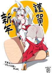Rule 34 | 1girl, absurdres, animal ear fluff, ass, bell, blunt bangs, blush, breast curtains, breasts, chinese zodiac, clothes pull, curvy, detached sleeves, fishnets, from behind, full body, hair bell, hair ornament, hair ribbon, heels, high heels, highres, hip vent, japanese clothes, japanese text, konoshige (ryuun), long hair, looking at viewer, medium breasts, miko, original, pumps, rabbit ears, rabbit girl, rabbit tail, red eyes, red skirt, ribbon, shiny clothes, shiny skin, sideboob, skirt, skirt pull, solo, thick eyebrows, thick thighs, thighhighs, thighs, translation request, twintails, white hair, white thighhighs, wide hips, wide sleeves, year of the rabbit