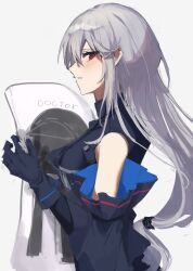 Rule 34 | 1girl, arknights, bare shoulders, black gloves, black shirt, black sleeves, blush, dakimakura (object), detached sleeves, doctor (arknights), from side, gloves, grey background, grey hair, hair between eyes, highres, long hair, long sleeves, looking at viewer, looking to the side, mokuro3m, parted lips, pillow, red eyes, shirt, simple background, skadi (arknights), skadi (elite ii) (arknights), sleeveless, sleeveless shirt, solo, upper body, very long hair