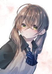 Rule 34 | 1girl, blue bow, blue neckwear, blush, bow, brown hair, enomoto nao, green eyes, hair between eyes, long hair, looking at viewer, original, short sleeves, simple background, twintails, upper body, white background