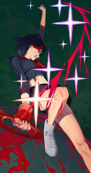 Rule 34 | 1girl, abs, absurdres, arm up, black hair, black jacket, black skirt, blood, blue eyes, clenched teeth, cropped jacket, fingerless gloves, foot out of frame, from below, gloves, green background, highres, holding, holding weapon, jacket, kill la kill, leg up, looking at viewer, matoi ryuuko, multicolored hair, navel, profile, red gloves, red hair, sailor collar, school uniform, scissor blade (kill la kill), senketsu, serafuku, shoes, short hair, single fingerless glove, skirt, solo, some1else45, sparkle, streaked hair, suspender skirt, suspenders, teeth, two-tone hair, weapon, white footwear