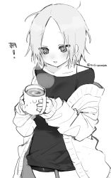 Rule 34 | 1girl, absurdres, bike shorts, blush, commentary request, cup, forehead, greyscale, highres, holding, holding cup, jacket, long sleeves, monochrome, mug, off shoulder, open clothes, open jacket, original, parted bangs, parted lips, shirt, short shorts, shorts, simple background, sleeves past wrists, smile, sofra, solo, steam, translation request, twitter username, white background