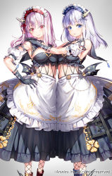 Rule 34 | 2girls, apron, bare shoulders, black gloves, black skirt, breasts, build divide, character request, closed mouth, commentary request, copyright notice, detached sleeves, frilled apron, frills, fujima takuya, gloves, gradient background, grey background, hands on another&#039;s shoulder, long hair, looking at viewer, maid, maid headdress, medium breasts, multiple girls, official art, parted lips, pink hair, pleated skirt, puffy short sleeves, puffy sleeves, purple eyes, purple hair, red eyes, short sleeves, siblings, sisters, skirt, smile, twins, waist apron, white apron, white background, white sleeves
