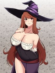Rule 34 | 1girl, absurdres, arm behind back, azmi yudista, bare shoulders, blush, breasts, brown eyes, brown hair, cleavage, clenched hand, collarbone, cowboy shot, detached sleeves, dragon&#039;s crown, dress, eyebrows hidden by hair, eyes visible through hair, facing viewer, grey background, hand on own chest, hat, highres, large breasts, long hair, looking at viewer, neck, solo, sorceress (dragon&#039;s crown), standing, strapless, strapless dress, very long hair, witch hat