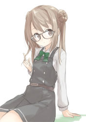 Rule 34 | 1girl, absurdres, bespectacled, black-framed eyewear, bow, bowtie, cowboy shot, double bun, dress, fyuo, glasses, green bow, green bowtie, hair bun, highres, kantai collection, light brown hair, long hair, long sleeves, looking at viewer, michishio (kancolle), michishio kai ni (kancolle), one-hour drawing challenge, pinafore dress, shirt, short twintails, simple background, sitting, sleeveless, sleeveless dress, solo, twintails, white background, white shirt, yellow eyes