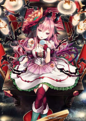 Rule 34 | 1girl, akkijin, candy, demon girl, demon tail, dress, flower, food, hair flower, hair ornament, lollipop, pink hair, red eyes, red ribbon, ribbon, shinkai no valkyrie, solo, spiral, tail, thighhighs, tongue, tongue out, white dress