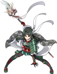 Rule 34 | 1girl, armor, artist request, beads, black pantyhose, full body, green hair, hachimaki, hand on own hip, headband, holding, holding polearm, holding spear, holding weapon, long hair, nanao (oshiro project), official art, oshiro project:re, oshiro project:re, pantyhose, polearm, prayer beads, solo, spear, thick eyebrows, transparent background, weapon, yellow eyes