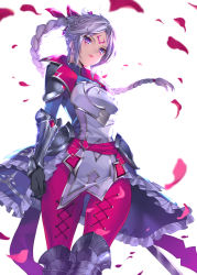 Rule 34 | 1girl, armor, black gloves, braid, bucchake (asami), closed mouth, diana (league of legends), eyes visible through hair, facial mark, frills, gloves, greaves, grey hair, league of legends, long hair, pauldrons, petals, pink lips, ponytail, purple eyes, shoulder armor, simple background, solo, sword, turtleneck, vambraces, weapon, white background