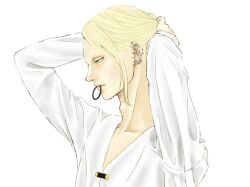 Rule 34 | 1boy, blonde hair, blue eyes, fate/grand order, fate (series), hair tie, hair tie in mouth, hands on own head, highres, long hair, male focus, mouth hold, piercing, profile, sasami-telepath, shirt, simple background, solo, tezcatlipoca (fate), tying hair, upper body, white background, white shirt