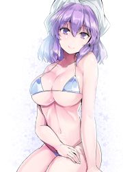 Rule 34 | 1girl, bare arms, bare shoulders, bikini, blue bikini, breasts, collarbone, commentary request, cowboy shot, hair between eyes, halterneck, hand on own thigh, hat, head tilt, highres, large breasts, letty whiterock, looking at viewer, micro bikini, navel, pink lips, purple eyes, purple hair, short hair, sidelocks, sitting, solo, star (symbol), starry background, stomach, swimsuit, thighs, touhou, white background, white hat, y2