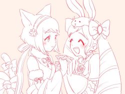 Rule 34 | 2girls, animal ears, bell, bow, rabbit ears, cat ears, cat tail, d0o00o0b, elise (fire emblem), closed eyes, fire emblem, fire emblem fates, fire emblem heroes, fur trim, gloves, hair bow, holding hands, headband, long hair, monochrome, multiple girls, nintendo, open mouth, pink background, sakura (fire emblem), short hair, simple background, smile, tail, twintails