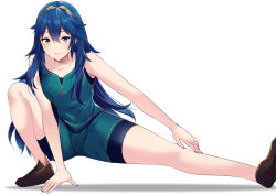 Rule 34 | 1girl, adapted costume, ameno (a meno0), bad id, bad twitter id, bare arms, bare legs, blue eyes, blue hair, female focus, fire emblem, fire emblem awakening, full body, long hair, looking at viewer, lucina (fire emblem), nintendo, simple background, smile, solo, stretched limb, stretching, symbol-shaped pupils, thighs, tiara, white background