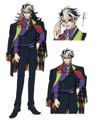 Rule 34 | 1boy, alternate costume, alternate hair length, alternate hairstyle, ashiya douman (fate), ashiya douman (second ascension) (fate), asymmetrical hair, black-framed eyewear, black eyes, black hair, black pants, black vest, collage, collared shirt, cropped legs, curly hair, earrings, fate/grand order, fate (series), fingernails, formal, green lips, hair between eyes, hand on own hip, highres, jacket, jewelry, lipstick, long hair, magatama, magatama earrings, makeup, male focus, mashugure, multicolored hair, necktie, open clothes, open jacket, pants, purple shirt, sharp fingernails, shirt, short hair, translation request, two-tone hair, very long fingernails, very long hair, vest, white hair