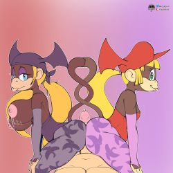 Rule 34 | 1boy, 2girls, artist name, ass, banana print, bandana, blonde hair, blue eyes, breasts, breasts out, buttjob, buttjob over clothes, capcom, clothed female nude male, cooperative buttjob, cosplay, crossover, dixie kong, donkey kong (series), elbow gloves, fingerless gloves, fours (artist), furry, furry with non-furry, gloves, green eyes, group sex, hat, highleg, highleg leotard, highres, interspecies, jiggle, large breasts, leotard, lilith aensland, long hair, looking at viewer, monkey girl, monkey tail, morrigan aensland, motion lines, multiple girls, nintendo, nipples, nude, penis, pov, precum, siblings, sisters, small breasts, smile, tail, thick thighs, thighhighs, thighs, threesome, tiny kong, tongue, tongue out, vampire (game), very long hair