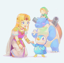 Rule 34 | 1boy, 1girl, blastoise, blonde hair, blue eyes, blush stickers, bottle, bracelet, cape, circlet, closed eyes, commentary request, creatures (company), crossover, dress, game freak, gen 1 pokemon, gen 4 pokemon, green headwear, green shirt, hat, highres, holding, holding bottle, jewelry, kneeling, licking lips, link, long hair, milk bottle, necklace, nintendo, olxexlo, one eye closed, open mouth, pink dress, piplup, pointy ears, pokemon, pokemon (creature), princess zelda, shirt, short sleeves, simple background, the legend of zelda, the legend of zelda: a link between worlds, tongue, tongue out, two-tone dress, white background, white cape, white dress