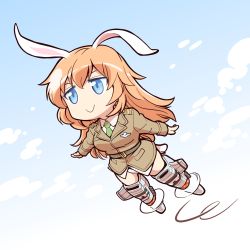 Rule 34 | 1girl, animal ears, blue eyes, charlotte e. yeager, cloud, cloudy sky, day, flying, full body, green necktie, highres, ishiyumi, long hair, long sleeves, military, military uniform, necktie, no pants, orange hair, panties, propeller, rabbit ears, rabbit girl, sky, smile, solo, strike witches, underwear, uniform, white panties, world witches series