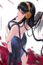Rule 34 | 1girl, 1other, alternate costume, backless dress, backless outfit, bare shoulders, black choker, black dress, black hair, black thighhighs, blush, breasts, choker, cleavage, closed mouth, dress, evening gown, flower, from behind, hair flower, hair ornament, hairband, highres, jewelry, large breasts, lips, long hair, looking at viewer, looking back, out of frame, perspective, prywinko, red eyes, side slit, sidelocks, solo focus, spy x family, thighhighs, yor briar