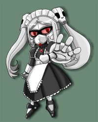 Rule 34 | 1girl, bloody marie (skullgirls), clothed robot, dress, female focus, full body, gradient background, gundam, maid, mecha musume, nyoro mutou, outstretched hand, red eyes, robot, sd gundam, skullgirls, solo, symbol-shaped pupils, twintails