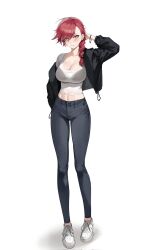 Rule 34 | 1girl, arm up, black jacket, black pants, blush, braid, braided ponytail, breasts, cleavage, closed mouth, crop top, denim, earrings, full body, hair between eyes, hair over shoulder, hand on own head, highres, jacket, jeans, jewelry, large breasts, long hair, looking at viewer, maenoo, midriff, navel, off shoulder, open clothes, open jacket, original, pants, red hair, shirt, shoes, simple background, single braid, sneakers, solo, standing, stud earrings, swept bangs, tachi-e, white background, white footwear, white shirt, wristband, yellow eyes